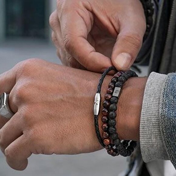 ⚡Rankeef Men 2 Red Black Tiger Eye 8MM Natural Stone Crystal Beaded Bracelet - Picture 7 of 8
